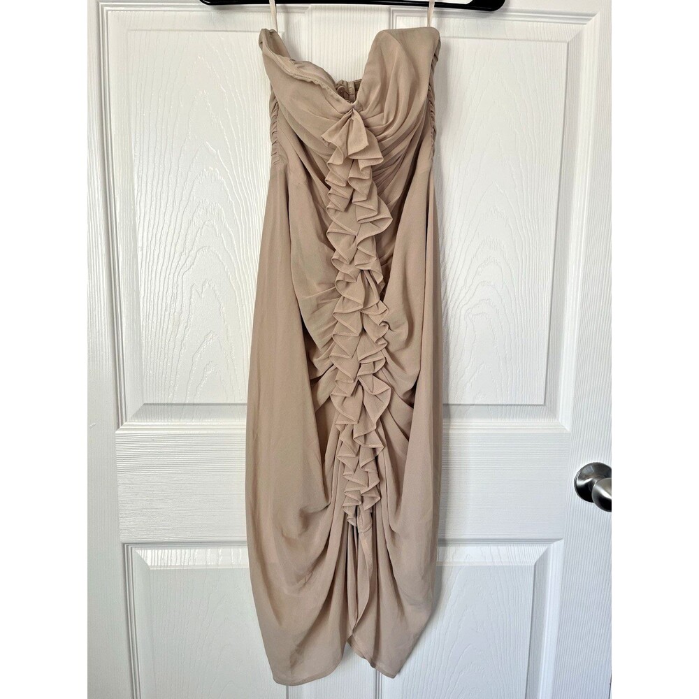 H&M Womens 8 Strapless Chiffon Midi Dress Beige Bodycon Ruched Ruffle Tulip
